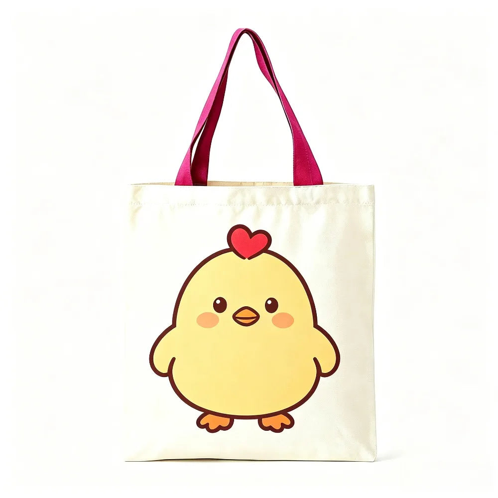 Cute Yellow Chick Red Heart Print Canvas Tote Bag Eco Reusable Shoulder Bag Grocery Daily Shopping Bag Oasis Select Magenta