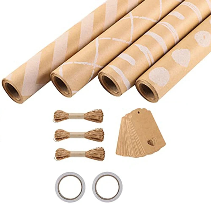 4 Roll Wrapping Paper, Wrapping Paper Role 43 X 300 Cm/Roll Wrapping Paper Set With 2 Adhesive Tapes 3 Ropes 20 Kraft Paper Tags Oasis Select As Shown