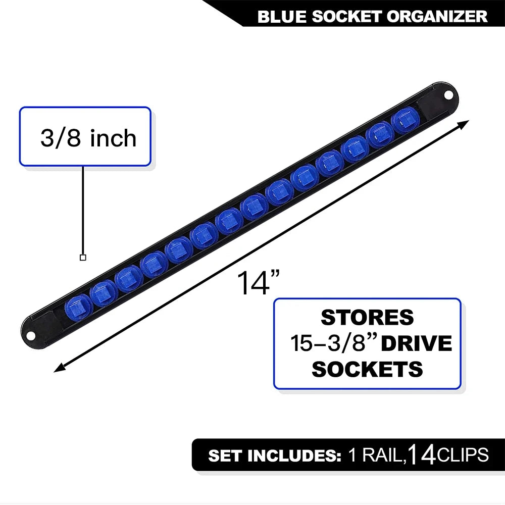 1Pcs 360 Degrees Swivel Socket Organizer 1/4inch 3/8inch 1/2inch Premium Quality Socket Clip Rail Holder Socket Organizer Tools Oasis Select 3-8(10mm)-Blue