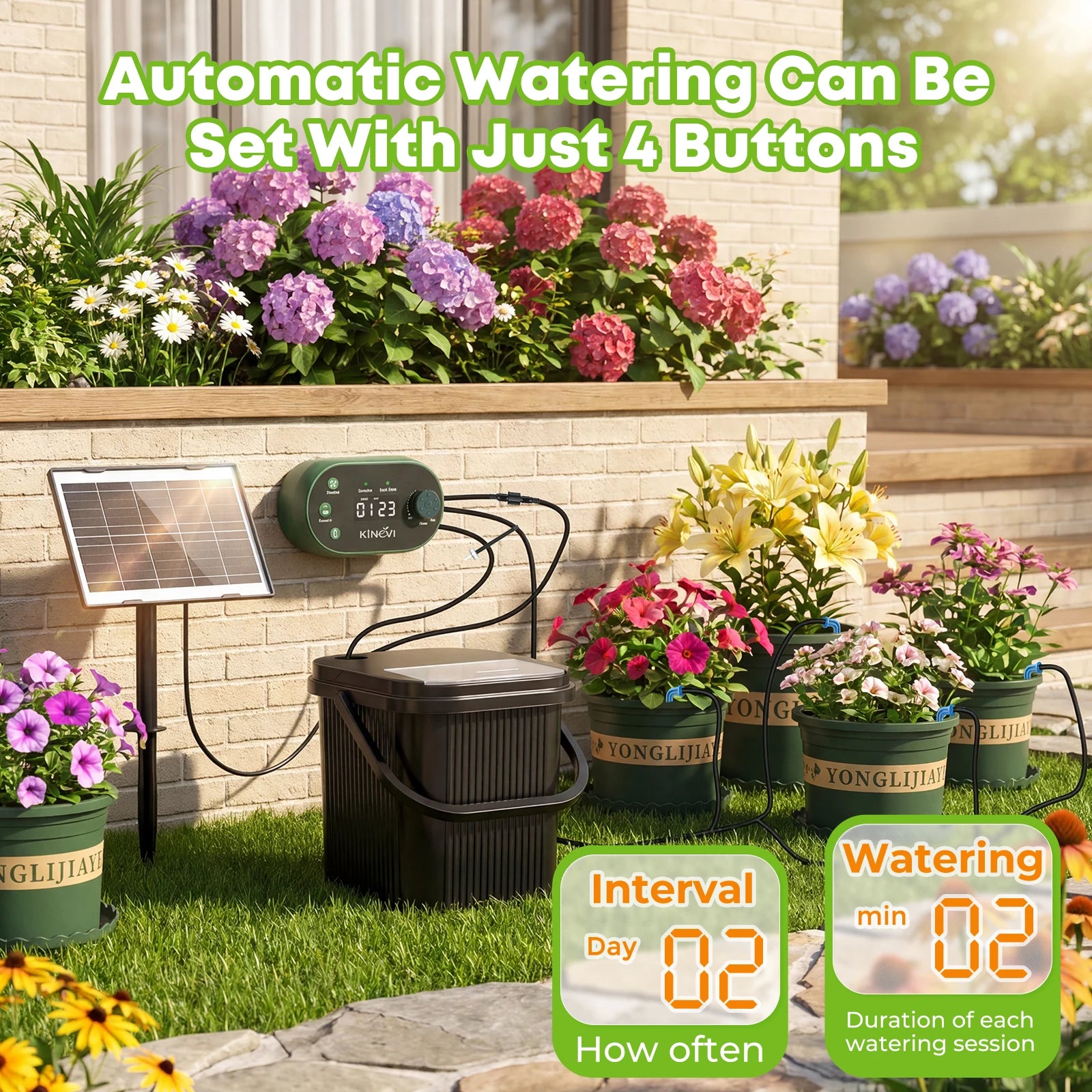 Solar Irrigation System 3W Auto Watering Drip Kit for 15 Pots, with 22 Timer Modes&15 Drip Heads Suitable for Garden Balcony Etc Oasis Select