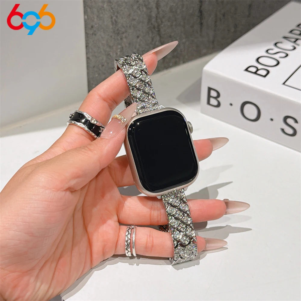 Women's Band For IWatch Series 9 8 7 6 SE 5 4 Full-Diamond Fishscale Metal Strap For Iwatch Ultra 2 Band 45mm 42mm 40/38mm 44mm Oasis Select SV 42mm44mm45mm49mm