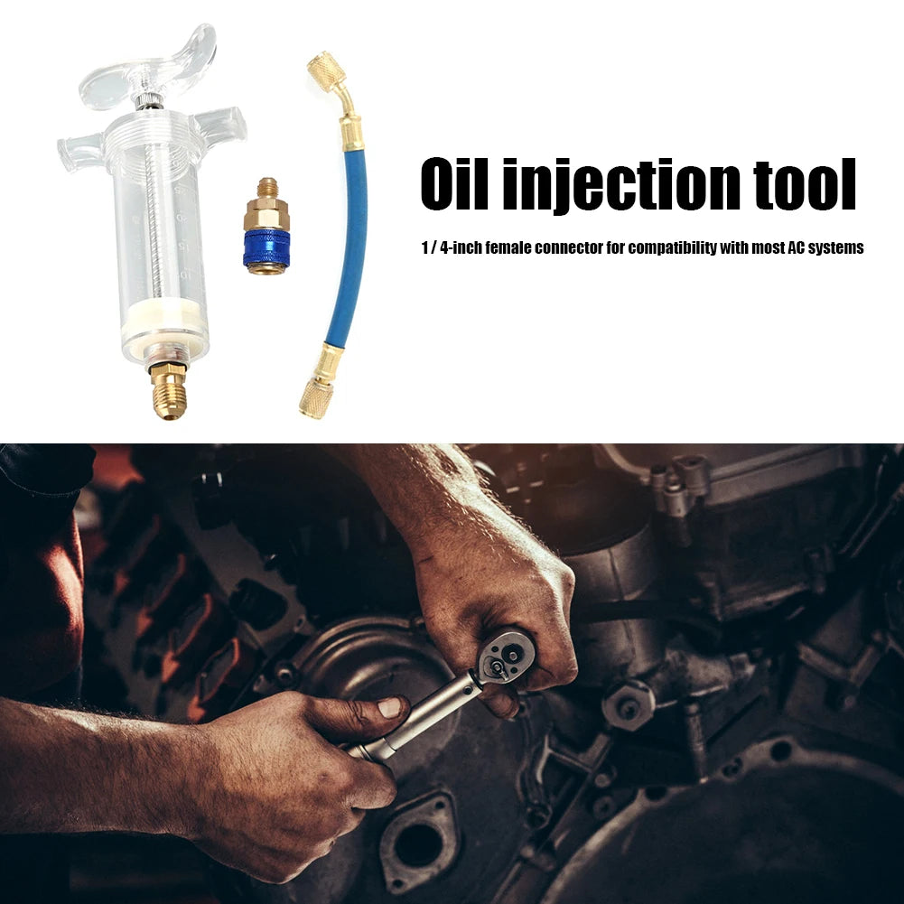 Auto A/C Oil/Dye Injector 1Oz with 134a Low Side Quick Coupler Adapter 1/4" Air Conditioning Coolant Filling Tube Injection Tool Oasis Select