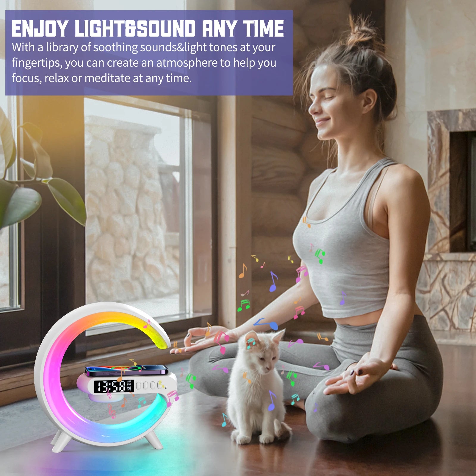 Small RGB Wireless Charger Smart Wireless Bluetooth Speakers Sunrise Alarm Clock & Wake Up Light 15W Fast Charging Dock Station Oasis Select