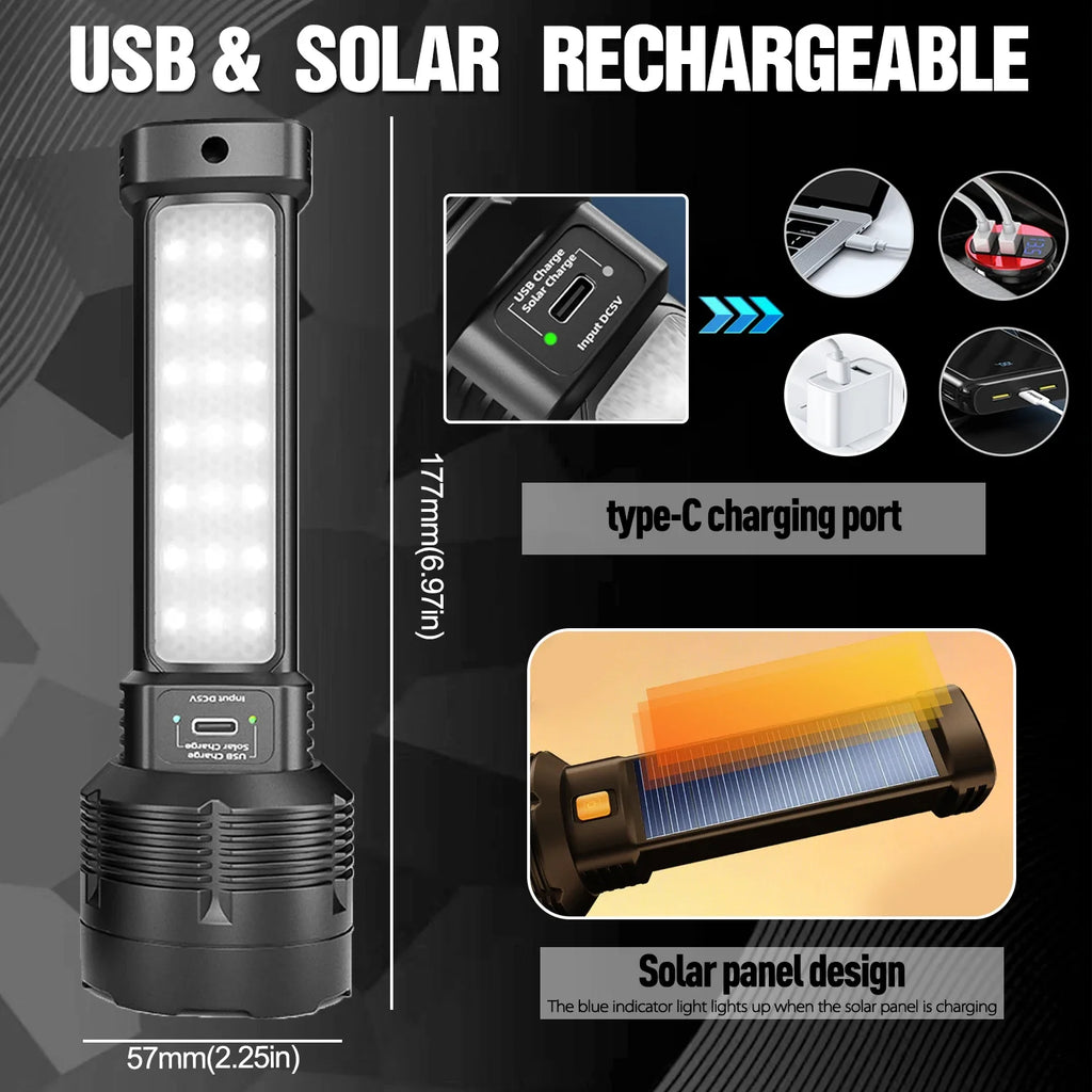 LED Solar Charging Flashlight White/Red/Blue Light USB Rechargeable Super Bright Flashlights Outdoor Emergency Torch 1 Pack Oasis Select