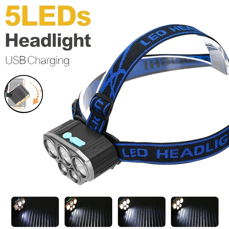 Rechargeable 5 LED Headlight Ultra Bright Powerful Waterproof Head Flashlight Head Torch for Outdoor Camping Running Lighting Oasis Select