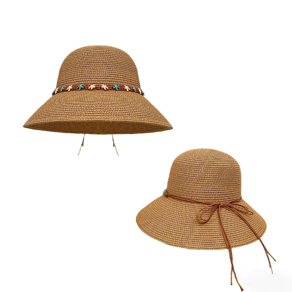 New Starfish Straw Hat Sun Protection Foldable Woven Hat Wide Brim Elegant Sunshade Hat Summer Oasis Select Khaki