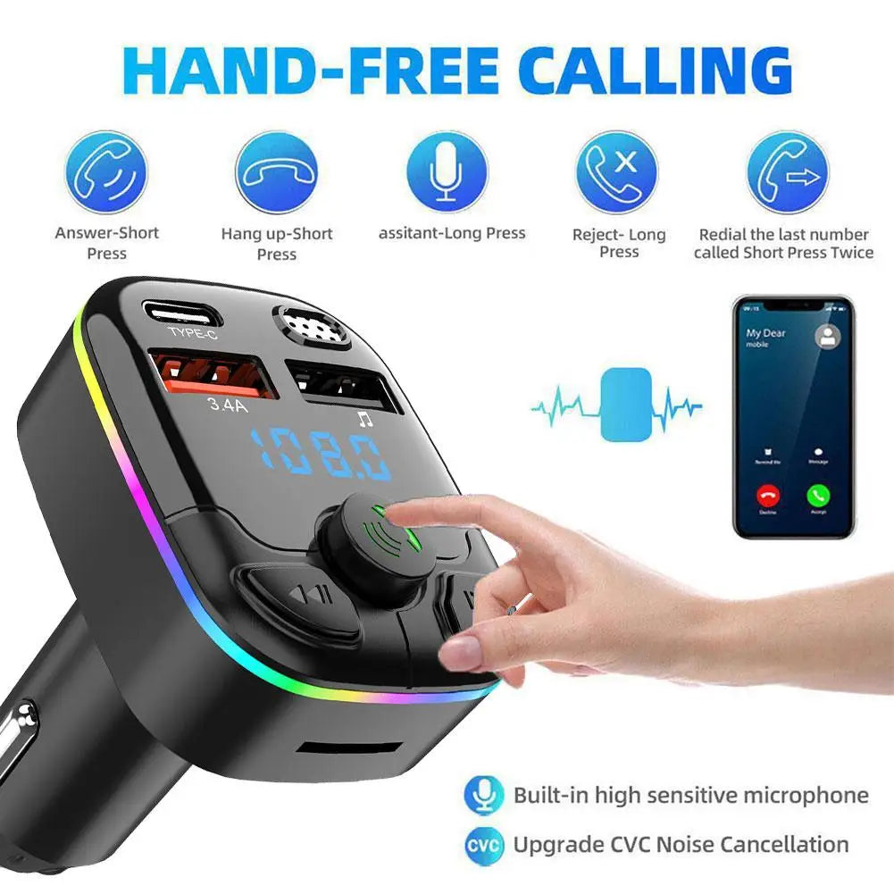 Bluetooth 5.0 FM Transmitter Car Charger – Dual USB & Type-C