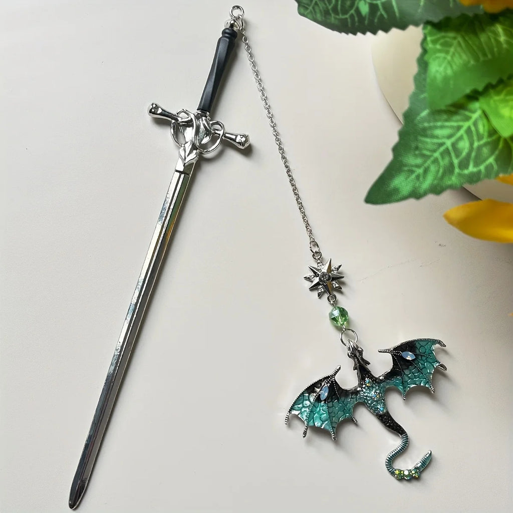 1pc Alloy Sword Dragon Bookmark, Birthday Gift for Book Lovers and Readers, Fantasy Bookworm Silver Gold Gold Pendant Oasis Select Blue