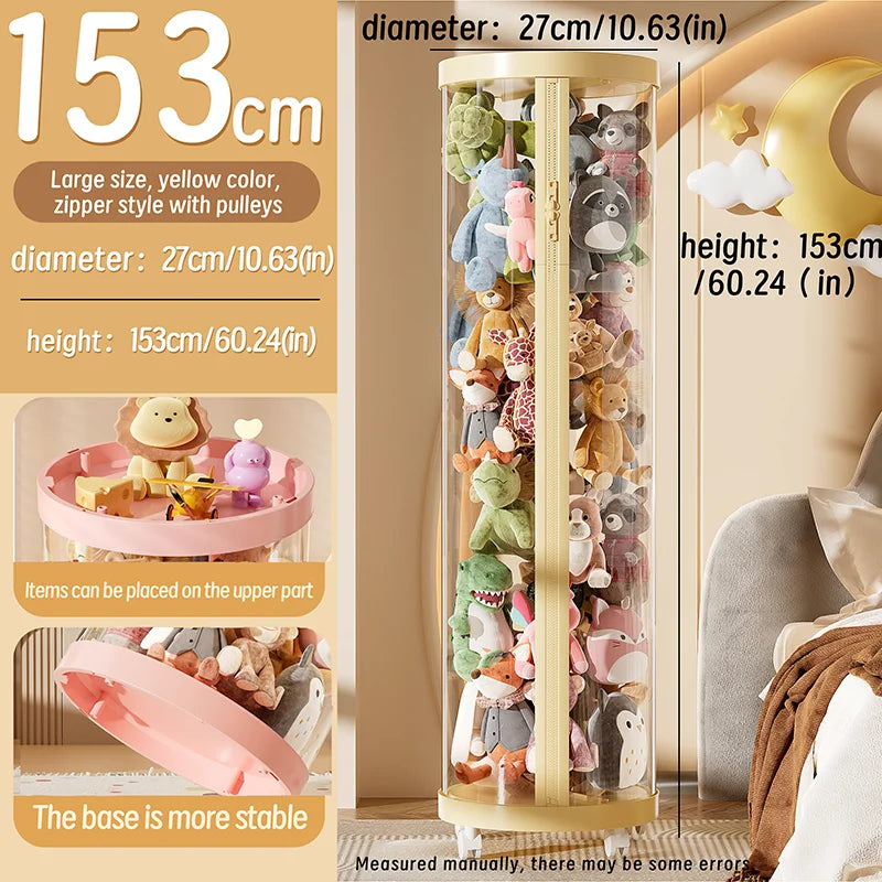 Transparent Doll Storage Box Plush Toy Organization Toy Storage Tube DIY Zipper Bins Kid Christmas Gift Children's Toy Organizer Oasis Select yellow-L-With wheel