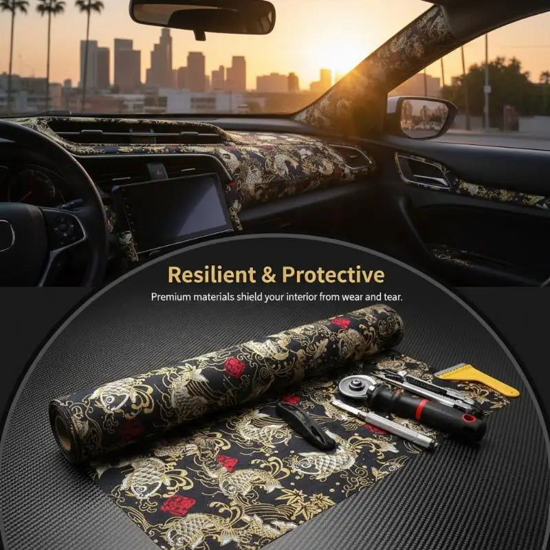 1Pcs High Grade Wear-Resistant Car Dashboard Door Panel Ceiling Decor Fabric Self-Adhesive Black Koi Fish Car Interior Sticker Oasis Select