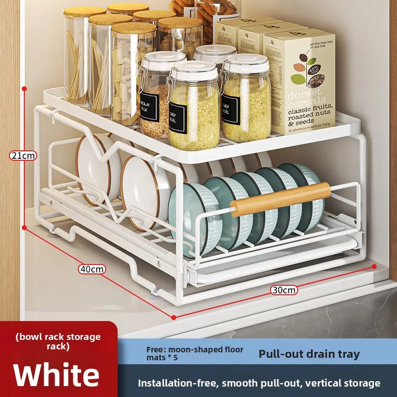 Kitchen Household Drain Bowl Rack Layered Seasoning Bowl Rack in Cabinet Double Layer Drawer Type Pull Basket Dish Storage Rack Oasis Select S bowl rack PW