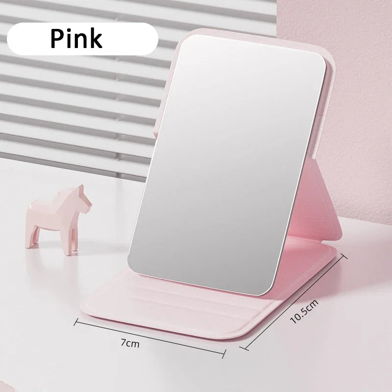 Woman MINI Folding Makeup Mirror High-quality Portable Pocket Makeup Mirror Single-side Creative Women Solid Color Handle Desk Oasis Select Pink