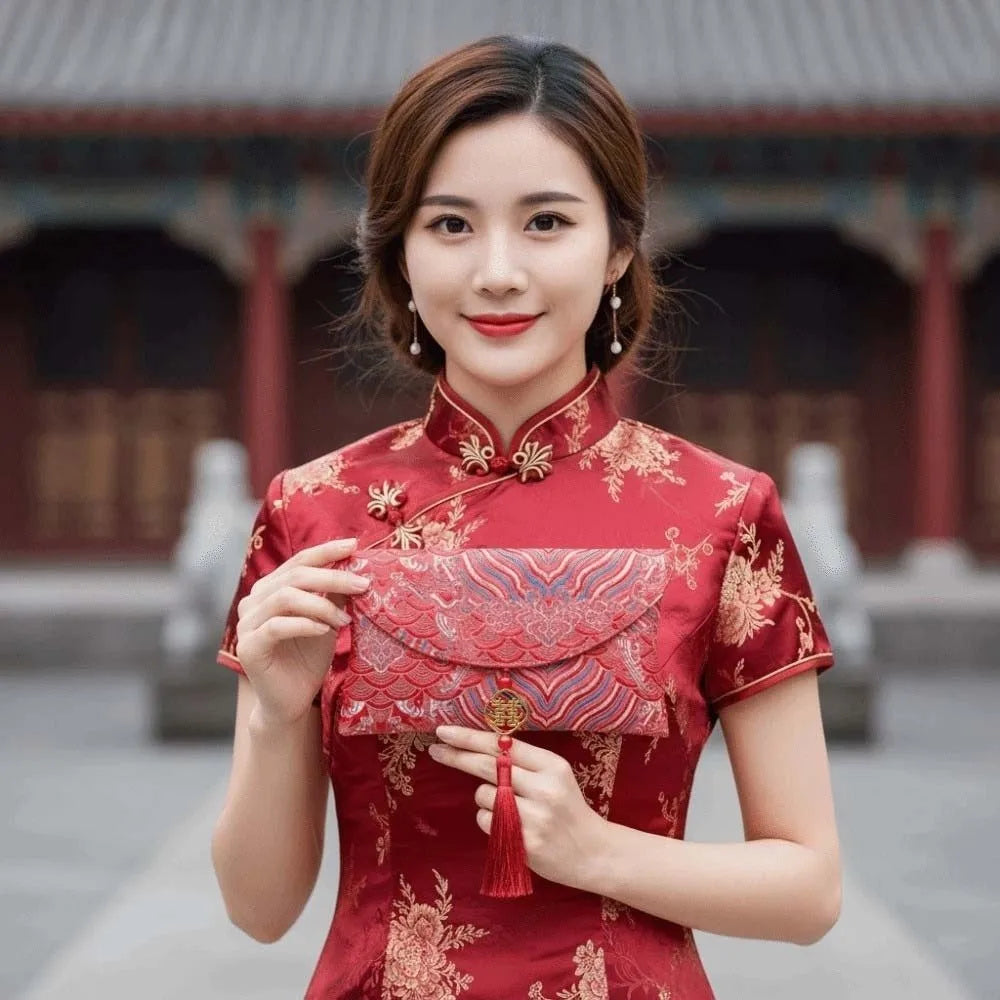 Traditional Spring Festival Red Envelope Embroidered Polyester Lucky Money Packet Tassel Thickened Wedding Hongbao Oasis Select