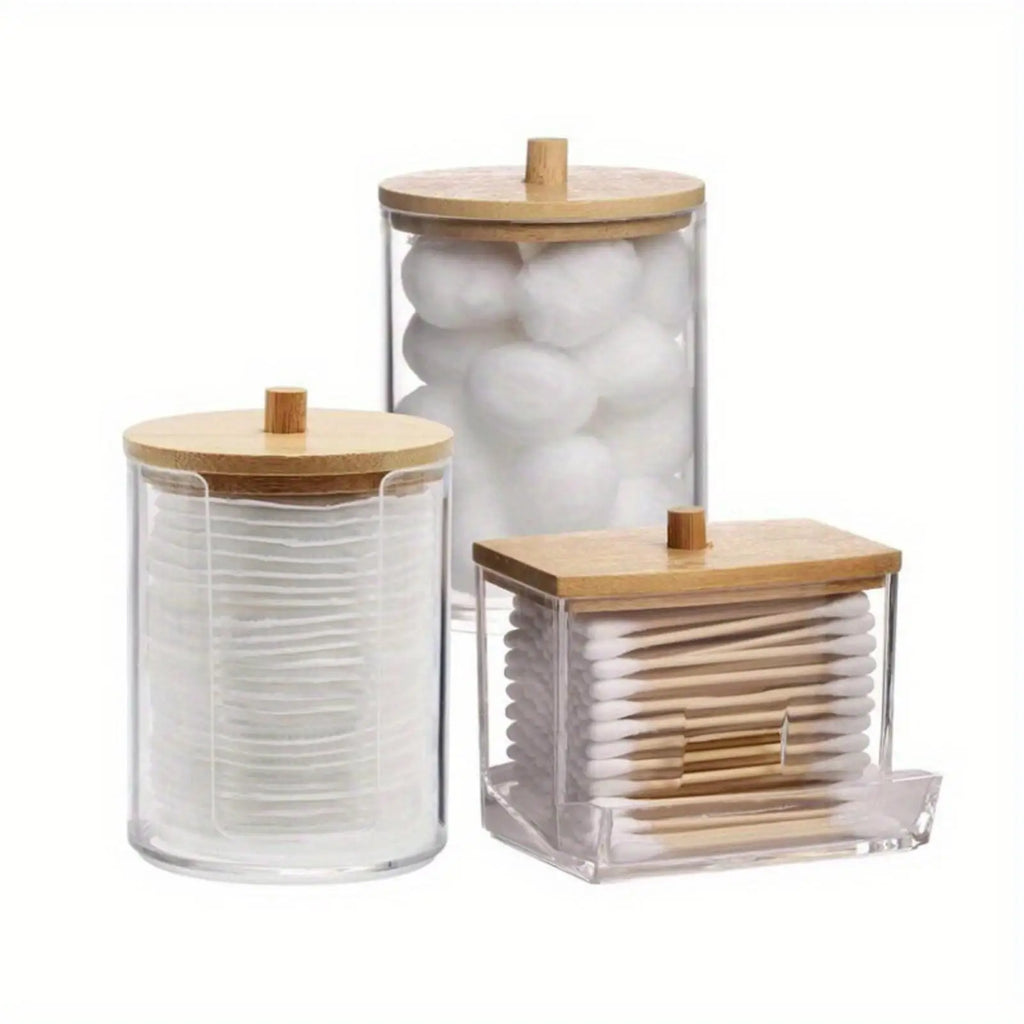 3 Pack Cotton Swab Dispenser, Holder Dispenser Set, Storage Organizer Holder with Lid for Cotton Rounds, Bath Salts Oasis Select Bamboo lid