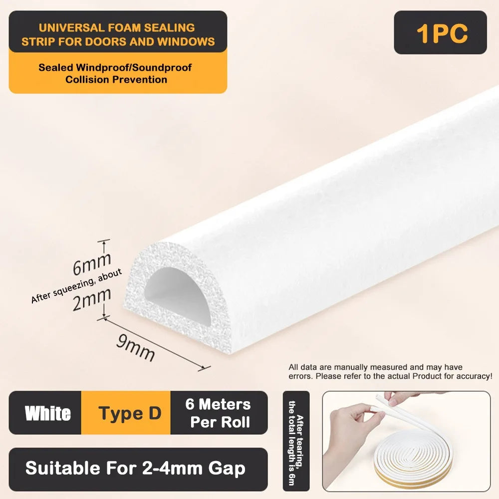 Self Adhesive Weather Stripping Door Seal Strip EPDM Soundproof Weather Stripping Windproof 6Meters Weatherstrip for Window Oasis Select White - D Type