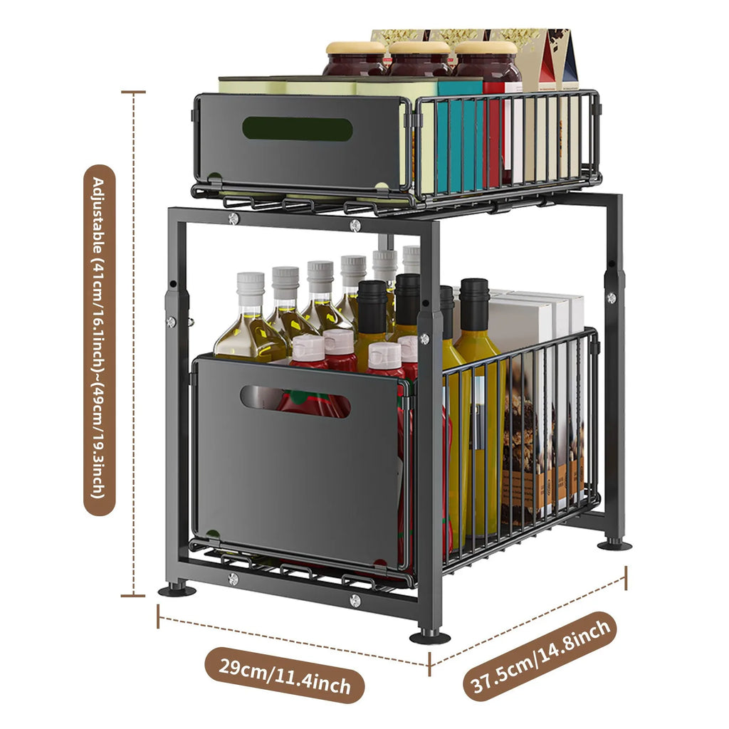 Kitchen lower sink rack, seasoning rack, storage basket, adjustable cabinet pull-out layered rack Oasis Select black