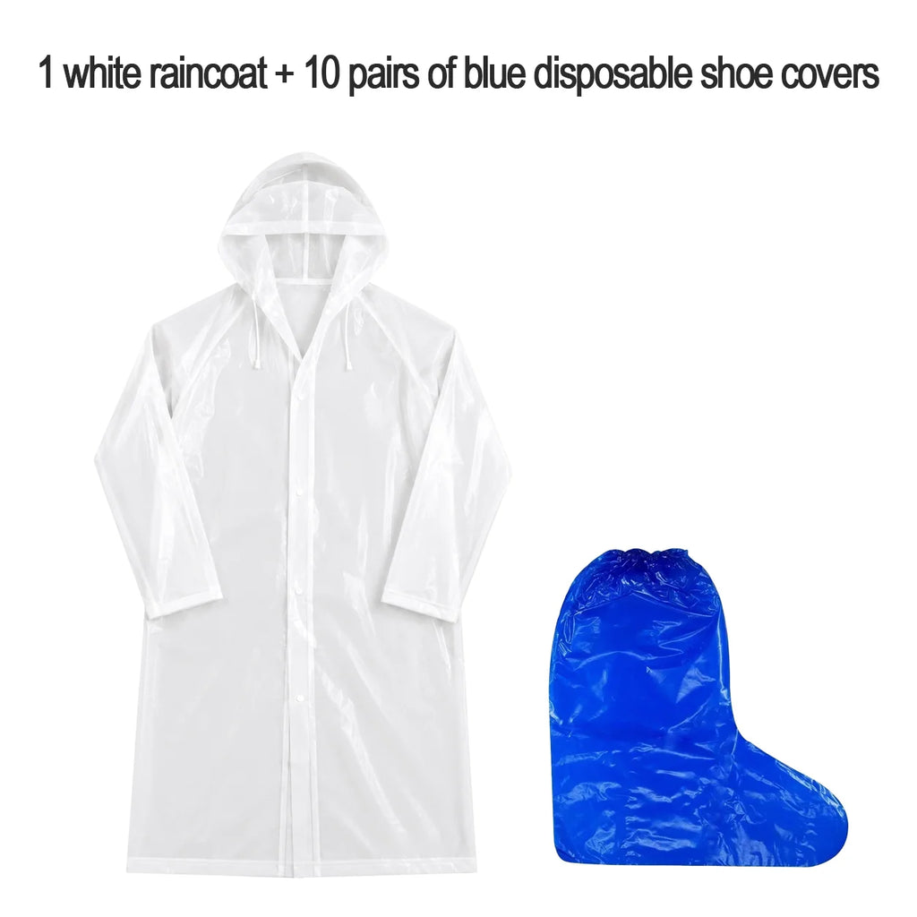 White Raincoat with 10 Disposable Shoe Covers Waterproof Adult Poncho Set for Outdoor Travel Camping Hiking Rain Protection Gear Oasis Select 1PCS-blue
