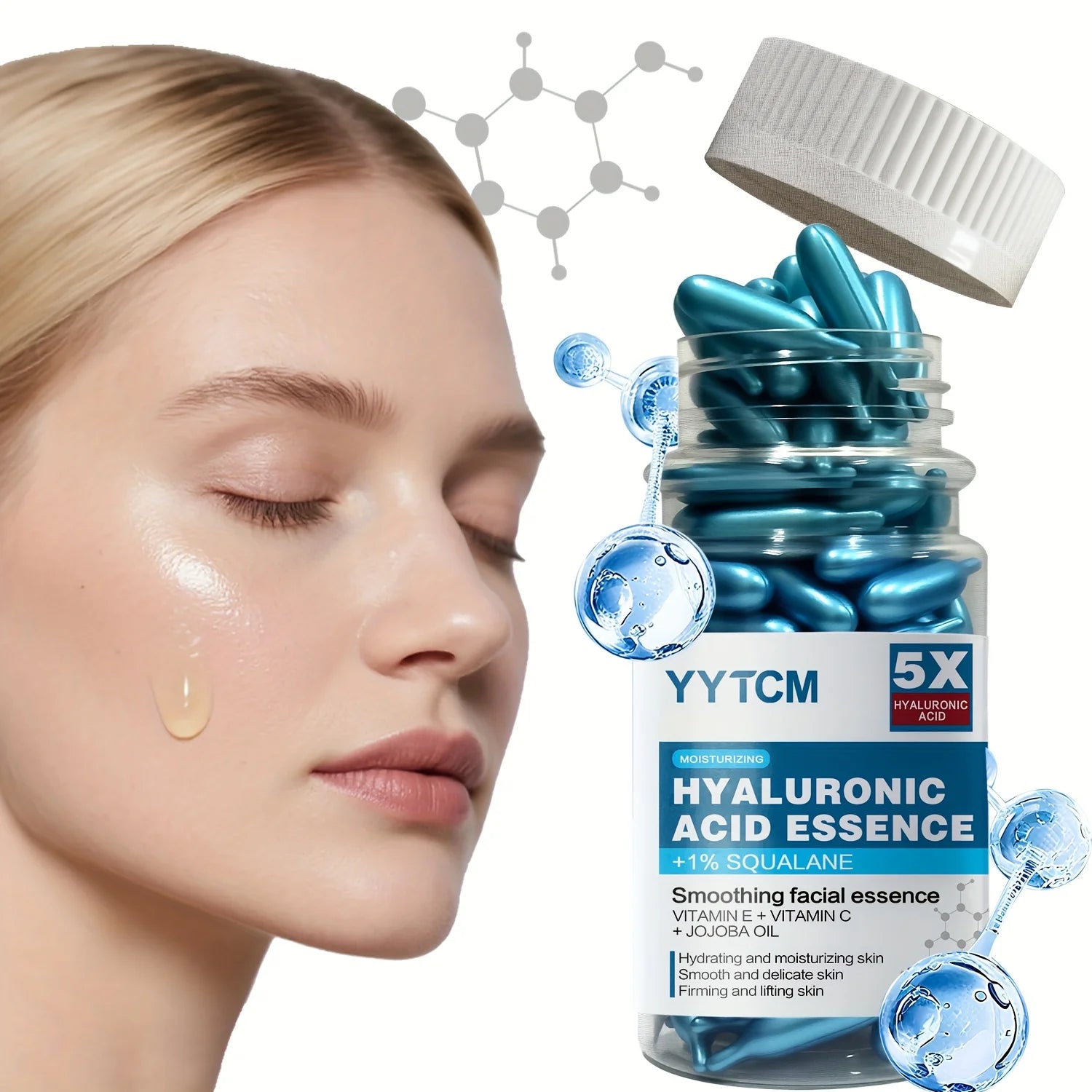 Hyaluronic Acid Deep Moisturizing Capsule Essence, Hydrates and Smooths the Skin, Contains Plant-Derived Squalane, Vitamin E, Vitamin C, Deep Moisturizing and Brightening Skin Essence (0.4Gx90 Capsules)/Bottle-1 Bottle Oasis Select