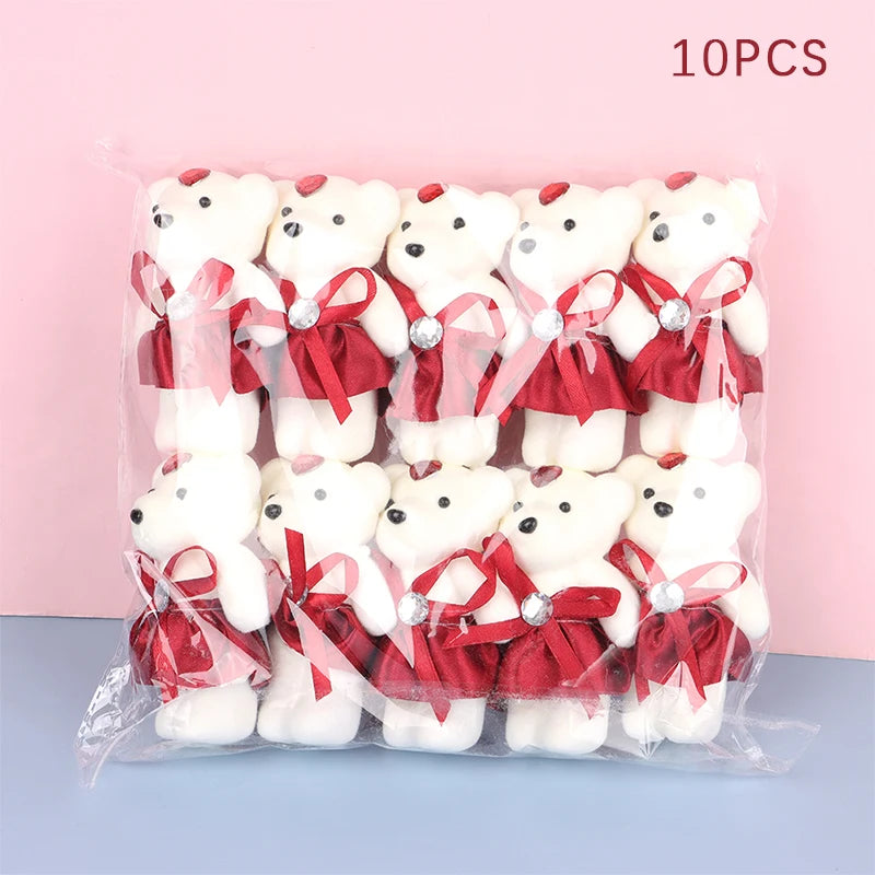 10Pcs 12cm Bear Flower Bouquet Toy Cartoon Doll Teddy Bear Bouquet Graduation Birthday Wedding Gifts Party Decor Oasis Select Wine red