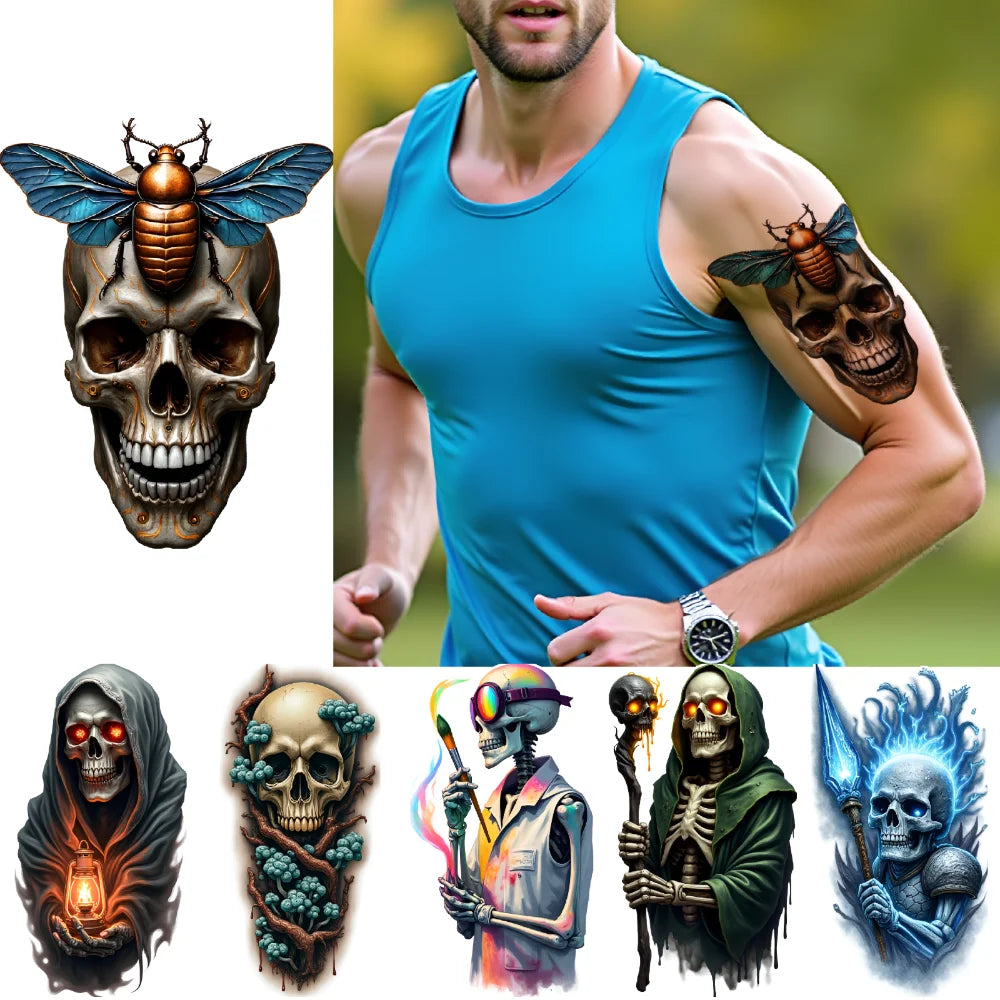 3-Pack Skeleton Temporary Tattoos – Flames & Wizard Designs