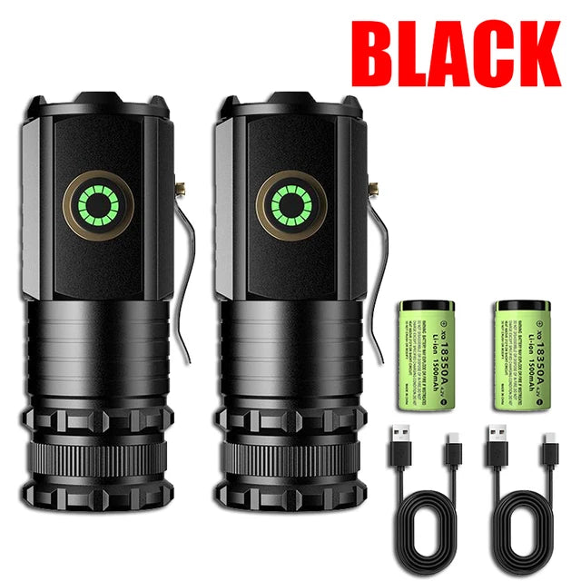2000LM Powerful LED Flashlight Super Bright Mini EDC Keychain Light USB Rechargeable Torch Camping Lantern with Power Indicator Oasis Select With Battery 2PCS