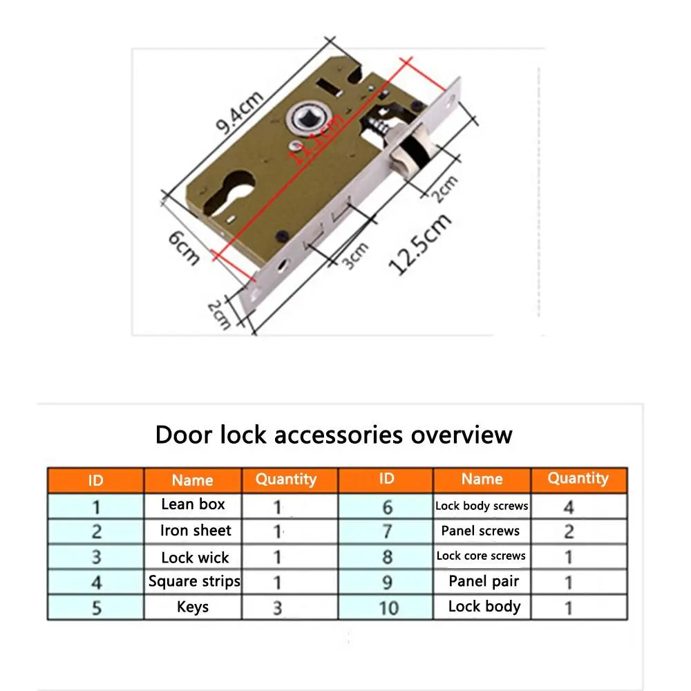 European Vintage Door Handle Lock Set with 3 Keys | Brass