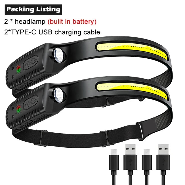 High Strong COB Sensor Head Flashlight USB Rechargeable Waterproof Head Lamp with Built in Battery Fishing Camping Head Light Oasis Select 2PCS
