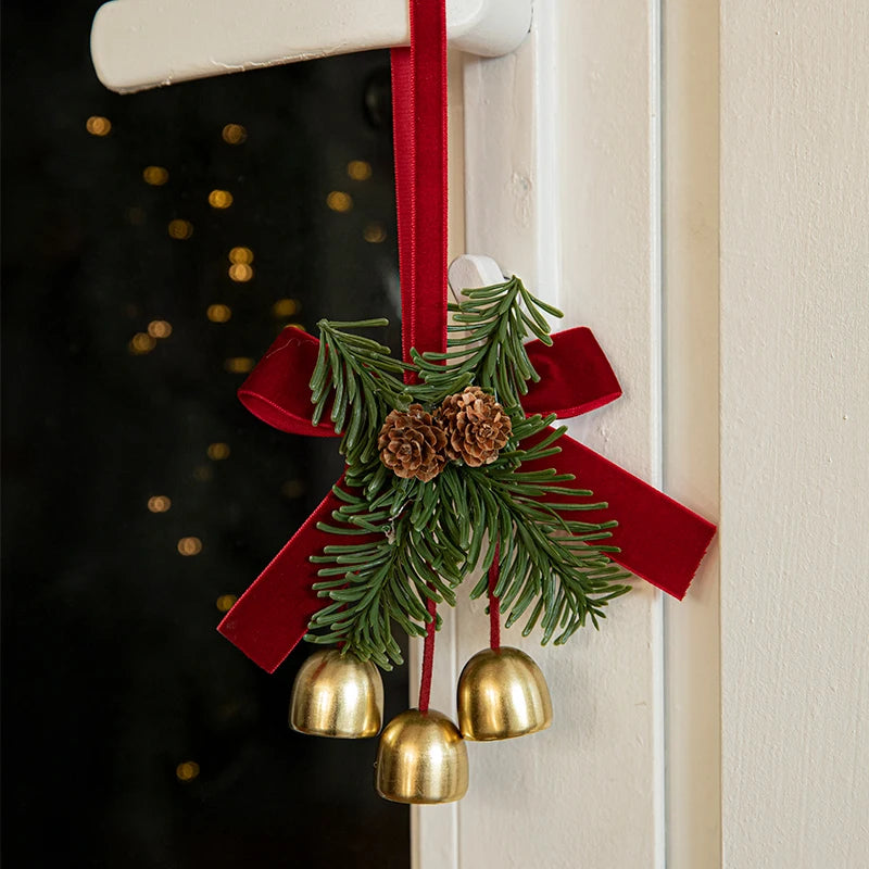 Christmas Door Car Decoration Christmas Tree Red Velvet Bow Bell Small Pendant Decoration Props Oasis Select
