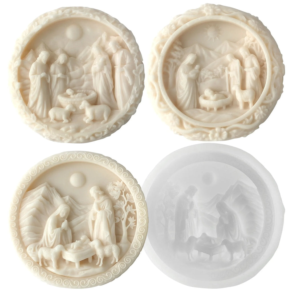 3D Nativity Scene Mold, Round Silicone Jesus Birth Candle Mould, Resin Fondant Gypsum Plaster Wax Soap Chocolate Crafting DIY Oasis Select