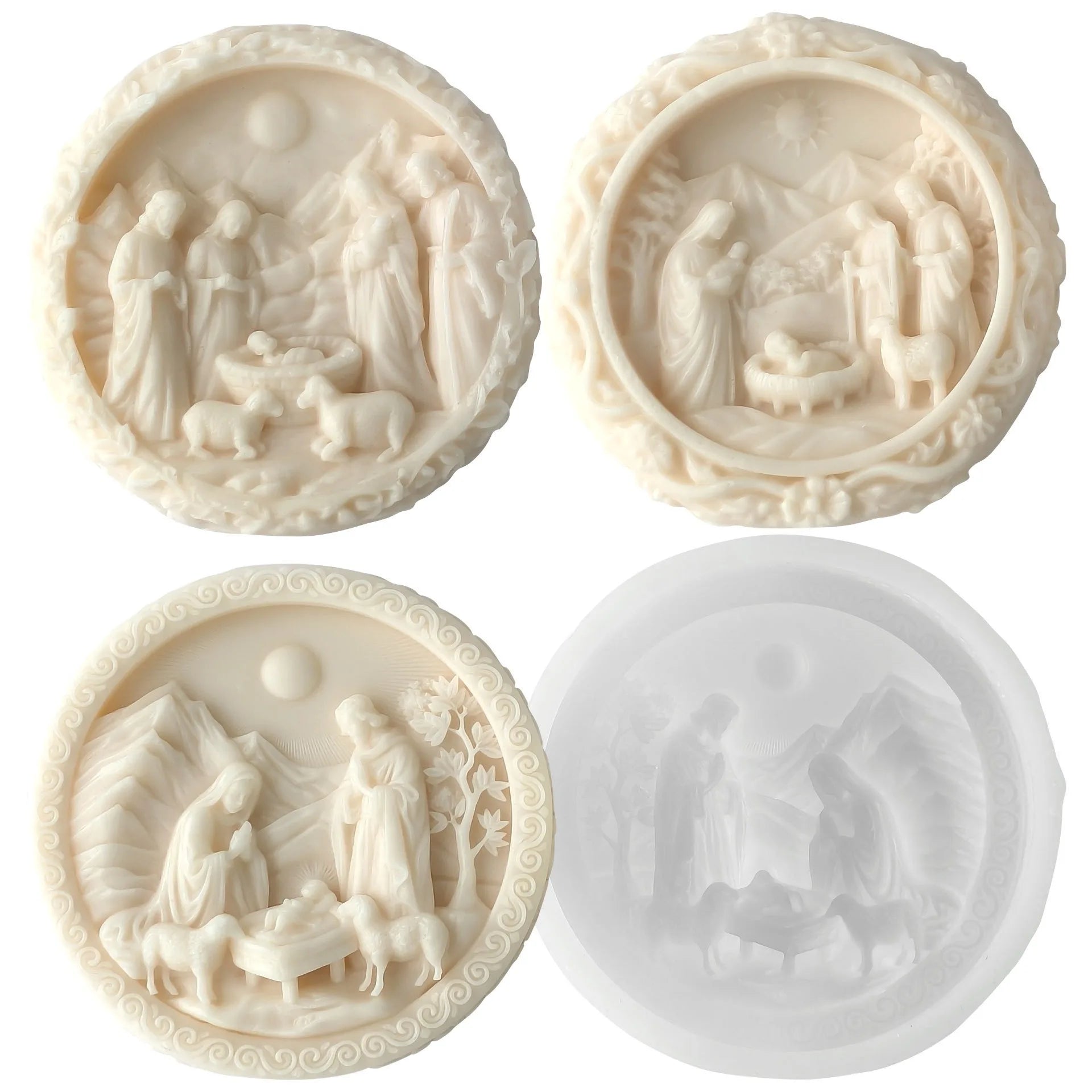 3D Nativity Scene Mold, Round Silicone Jesus Birth Candle Mould, Resin Fondant Gypsum Plaster Wax Soap Chocolate Crafting DIY Oasis Select