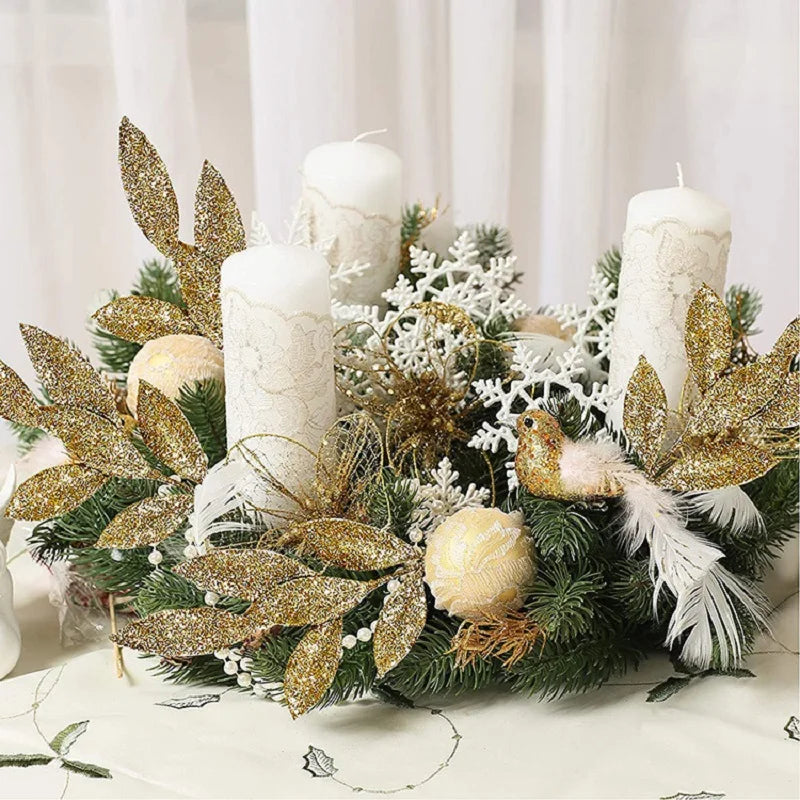 1pcs Glitter Bay Leaf Stems Artificial Christmas Spray Picks Fake Floral Leaf Branches Wired Stem Decor For Christmas Tree Oasis Select
