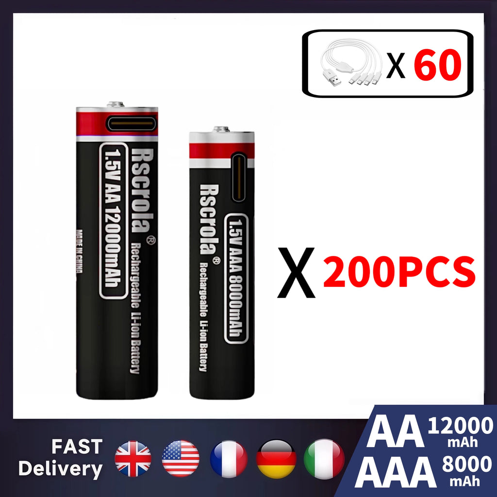 New 1.5V Li-ion AA12000mAh&AAA 8000mAh Rechargeable Batteries USB Lithium-ion Suitable for mouse, flashlight, keyboard monitorin Oasis Select 200AA-200AAA 1.5V