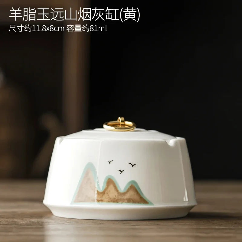 Sheep Fat Jade Ashtray Simple Article with Cover Fly Ash White Porcelain Ashtray Decoration for Household Living Room Ashtray Oasis Select E