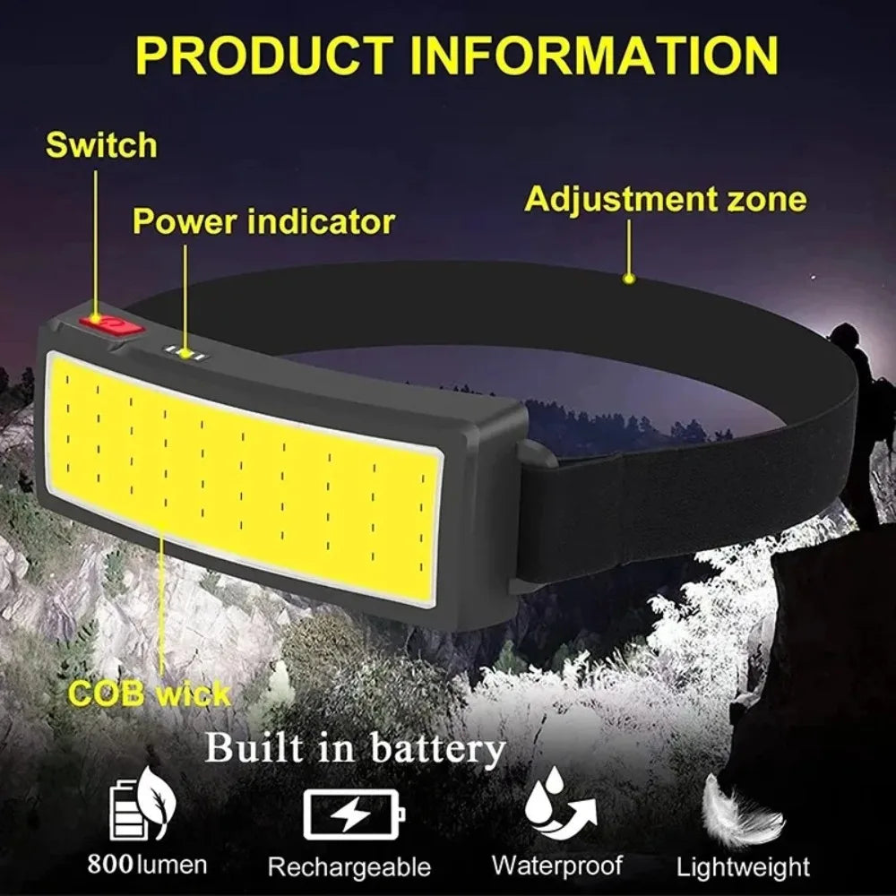 Powerful COB Headlamp Portable Rechargeable Head Flashlight Built-in Battery Outdoor Fishing Camping Lantern Waterproof Torch Oasis Select