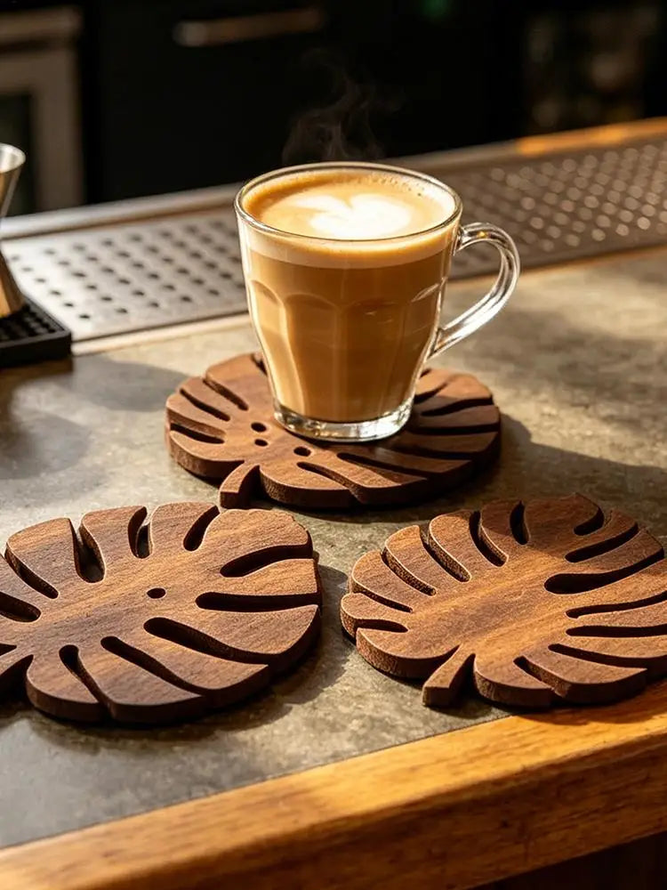 3Pcs Wooden Heat Resistant Trivet Set Monstera leaves Design Kitchen Countertop Protector Desk Decor Table Coasters Cup Holder Oasis Select