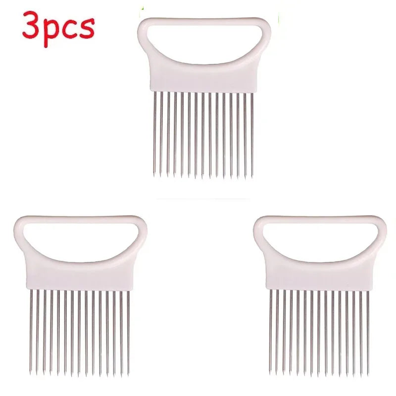 1-4pcs Stainless Steel Onion Holder Slicer Needle Fork Vegetable Fruit Slicer Tomato Cutting Holder Kitchen Tools Accessories Oasis Select white-3pcs