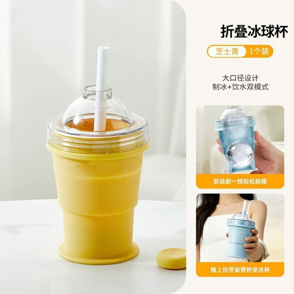 Portable Folding Hockey Puck Ice Cup – Creative Food-Grade Silicone Ice Cube Mold with Built-in Straw – Summer on-the-Go Tumbler Oasis Select Yellow