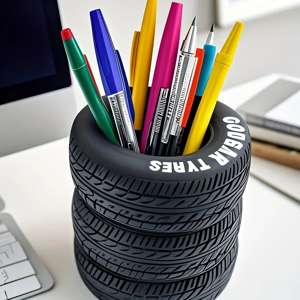 1pcs Fun Tire-Shaped Pen Holder -PVC Desk Organizer, Ideal for School and Office Supplies, Painted Finish, Office Supplies Oasis Select black