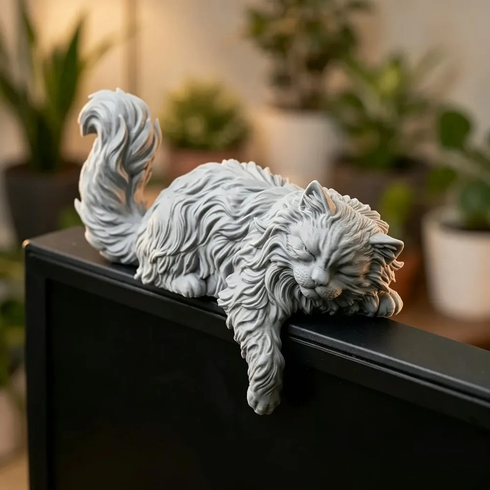 Cute Long Hair Sleeping Cat Figurine 3D Printed Mini Pet Computer Monitor Hanging Decor Desk Ornament for Home Office Decor Gift Oasis Select
