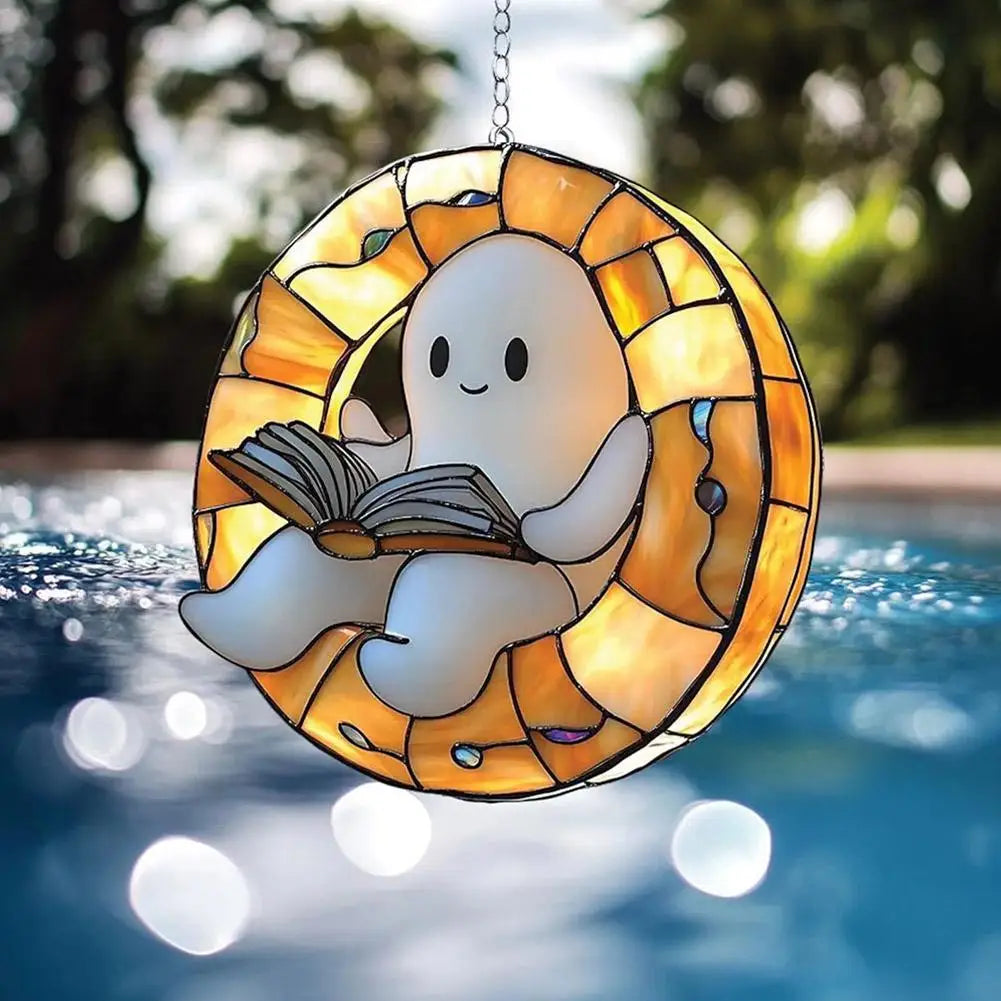 Ghost Reading Book Suncatcher – Acrylic Window Ornament