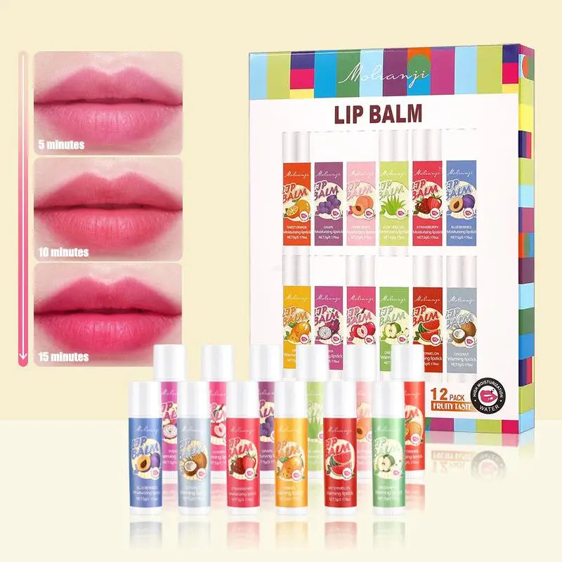12PCS Moisturizing Color Changing Lipstick Set, Fruit Flavor Nourishing Discolored Lip Balm Cracking Lip Care In Autumn Winter Oasis Select