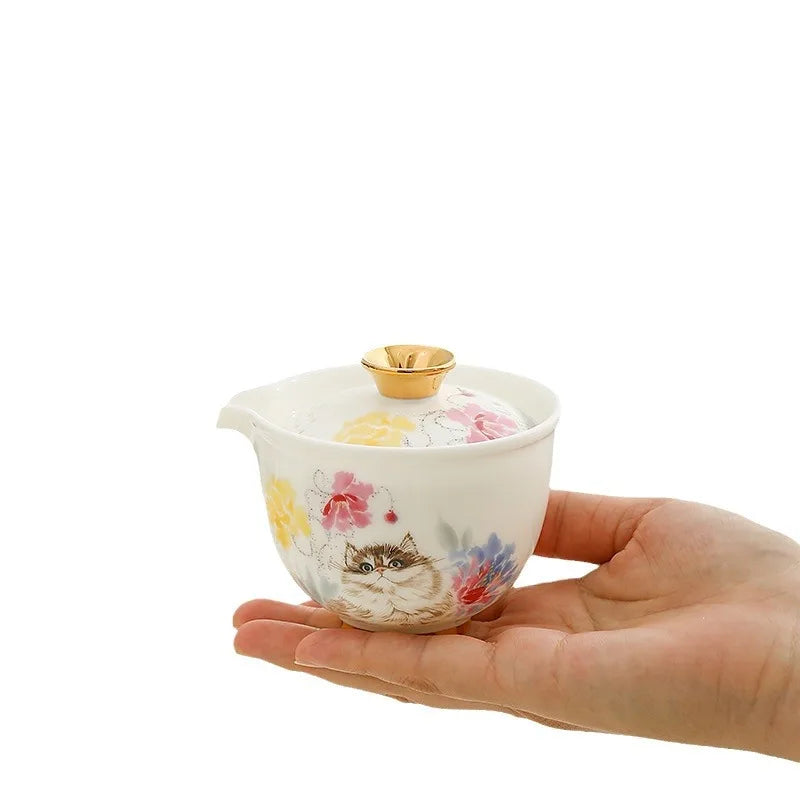Hand Drawn Cat Quick Cup One Person Tea Set Portable Travel Tea Set Outdoor Tea Making Storage Bag Oasis Select