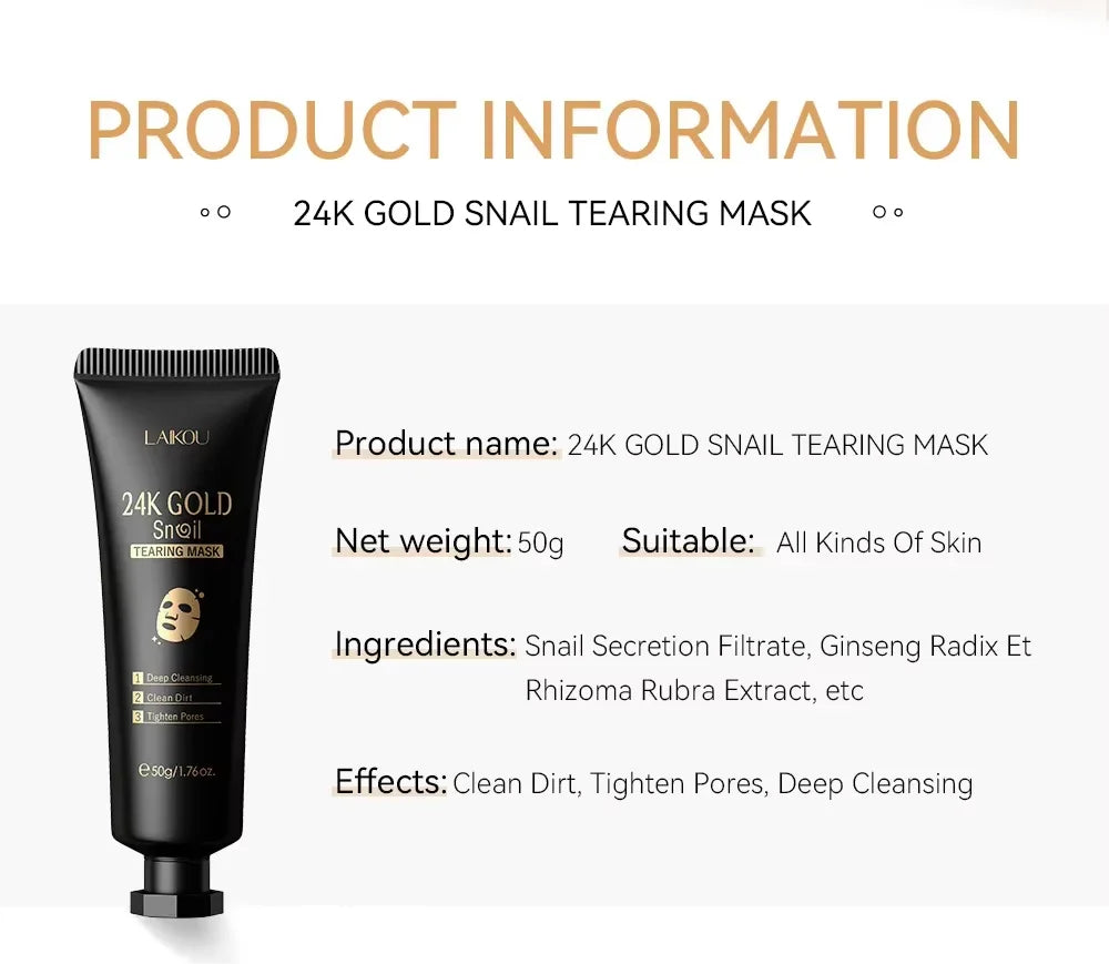 LAIKOU 24K Gold Snail Tear Off Mask, Deep Cleansing Pore Minimizing, Oil Control Blackhead Removal, Tightening Mask 50g Oasis Select
