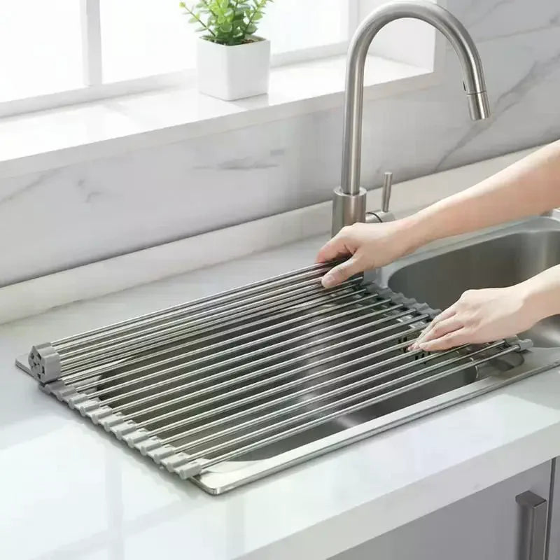 Roll Up Dish Drying Rack | Foldable Stainless Steel Sink Mat