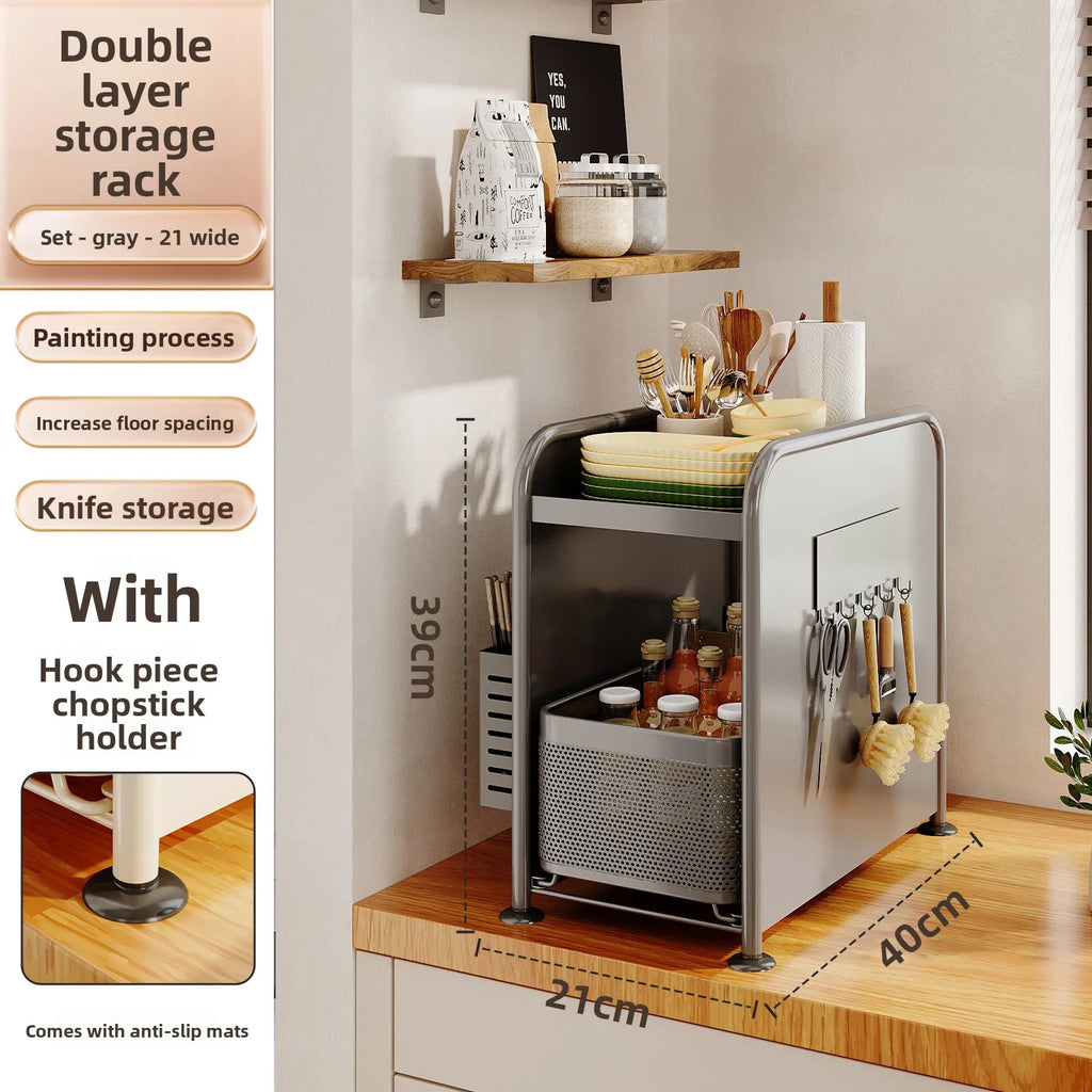 Kitchen seasoning rack Narrow slot seasoning tank Storage rack Side magnetic hanger Pull-out countertop storage cabinet Oasis Select Grey 2 big kuaitong