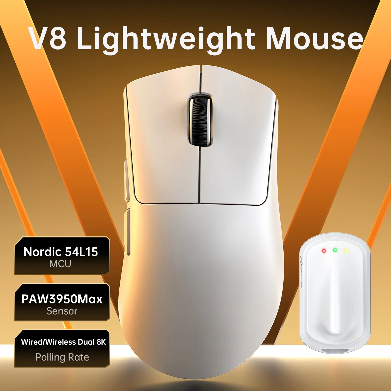 ATTACK SHARK V8 Dual 8K Gaming Wireless Mouse, PAW3950MAX 42K DPI, 8000Hz, 59g Lightweight Ice-Cool Coating, Nordic 54L15 MCU Oasis Select
