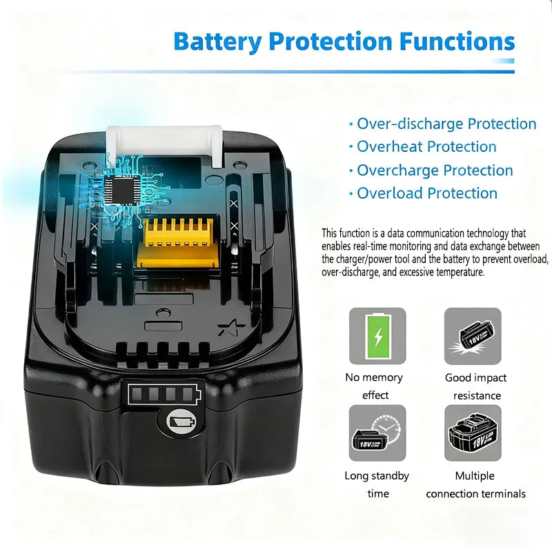 18V 6.0Ah Rechargeable Lithium-Ion Battery (18650 Cell) + 3A Charger, Suitable for Makita Power Tool BL1860 BL1830 LXT400 BL1850 Oasis Select