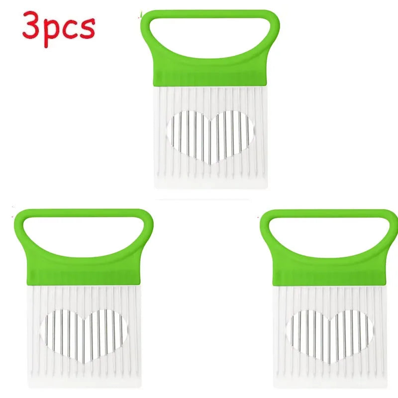 1-4pcs Stainless Steel Onion Holder Slicer Needle Fork Vegetable Fruit Slicer Tomato Cutting Holder Kitchen Tools Accessories Oasis Select green-3pcs