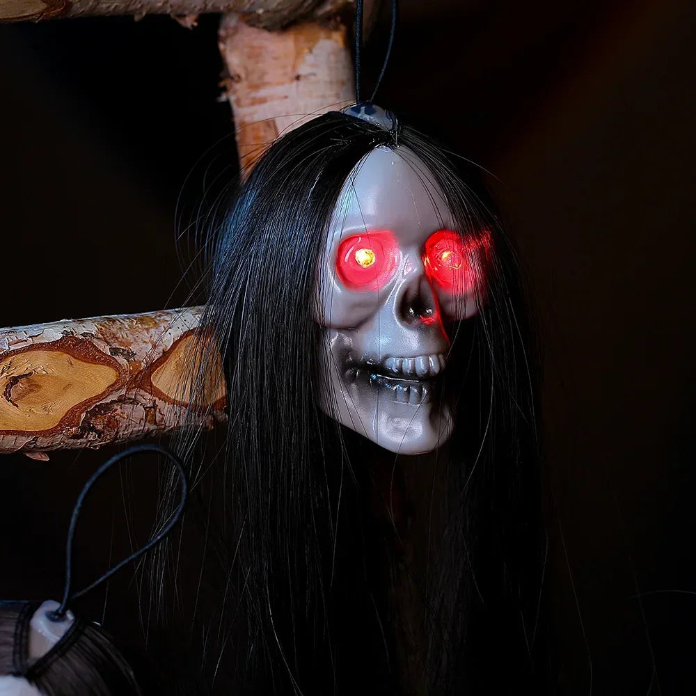 Halloween Hanging Ghost Skull with Long Hair Glowing Eyes Terror Skull Ghost House Head Skeleton Props 2024 Halloween Decoration Oasis Select
