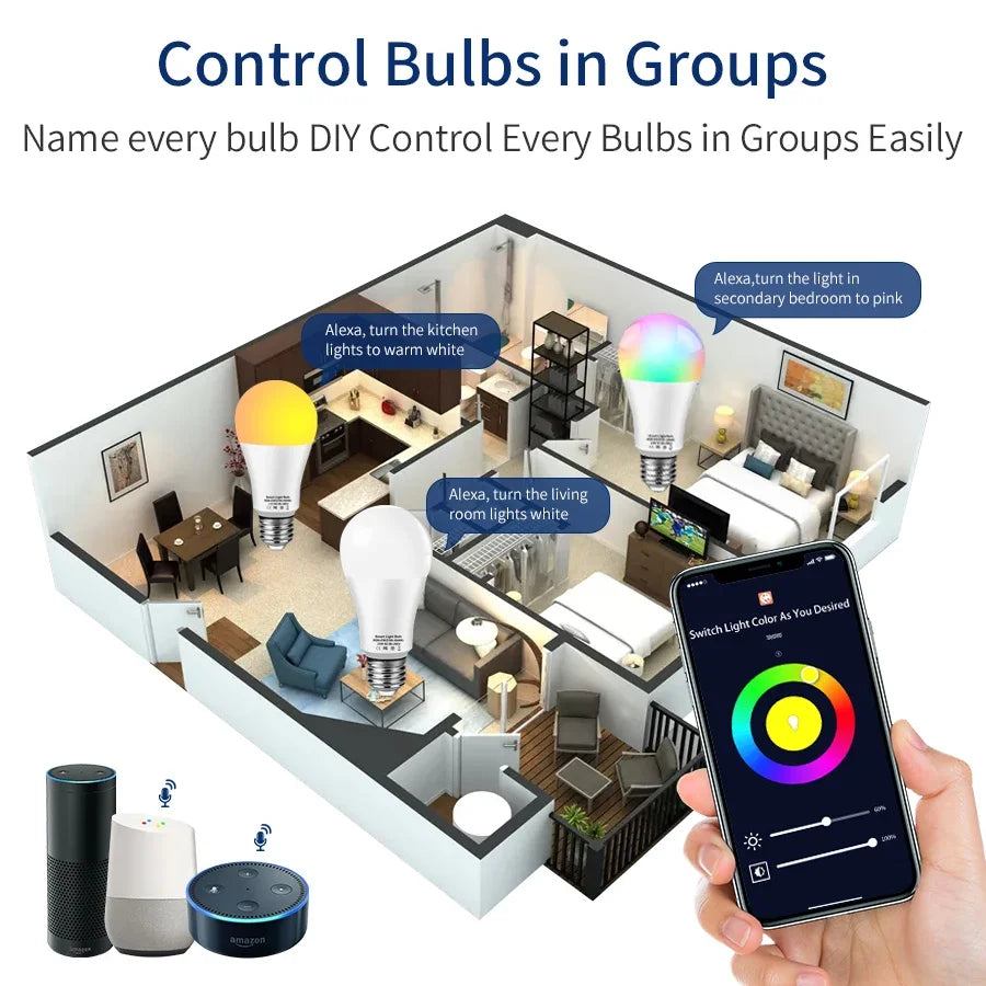 Tuya Smart WiFi LED Light Bulb E27 10W 15W 20W AC 220V 110V LED Lamp Smart Life APP Voice Control Works With Alexa Google Home Oasis Select